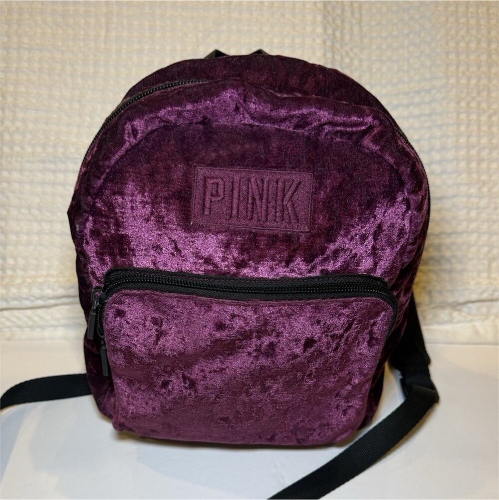 Victoria’s Secret PINK Crushed Velvet Mini Backpack Burgundy Plum Black